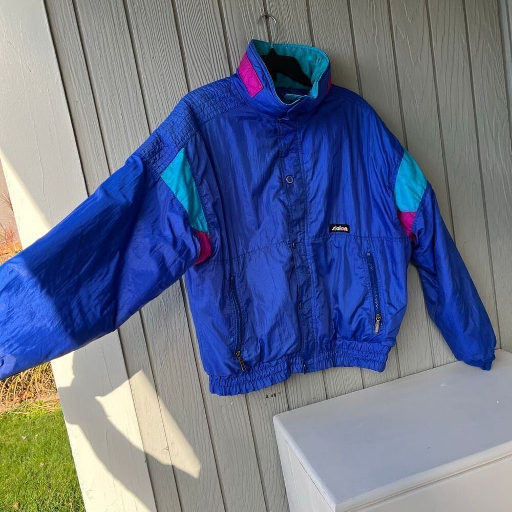VTG Slalom Colorblock Ski Jacket USA Blue Purple Pink Nylon Zip L Unisex - Picture 9 of 10